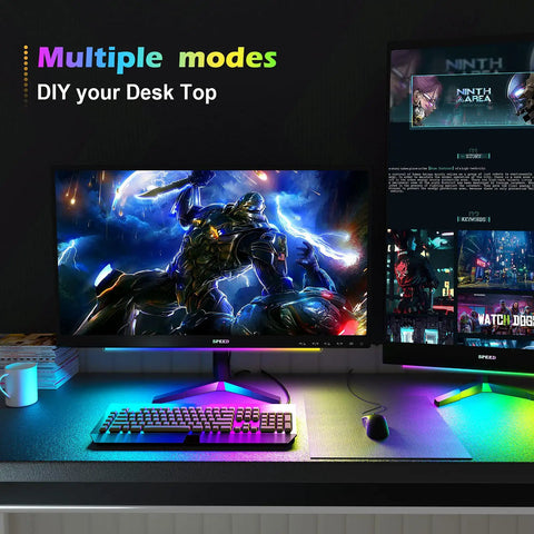 Gaming setup with 2-In-1 Under Monitor Light Bar For Gaming Setup With RGB Desk LED Remote Control USB Powered 5V Color Changing Lamp