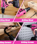 Pink 20V Cordless Drill Set With Drill Brush, Bit Kit, Three Eighths Inch Keyless Chuck, Dual Speed Control, 25 Plus 1 Torque Settings