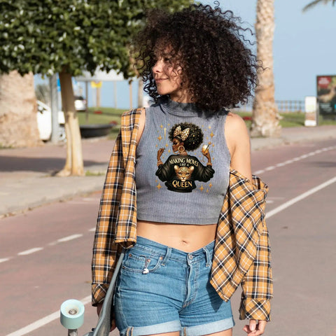 Woman wearing a top with 'Making Moves' Black Girl heat transfer vinyl decal outdoors, DTF Transfers Ready To Press 20 Pack Dope Iron On Patches For Tees And More Black Girl Heat Transfer Vinyl Decals For Clothes Bag Pillow DIY Decor And Accessories