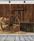 Cowboy Backdrop 7x5 Ft Vintage Western Barn Door Scene For Photoshoots And Parties, with hay and wagon wheel, seamless vinyl
