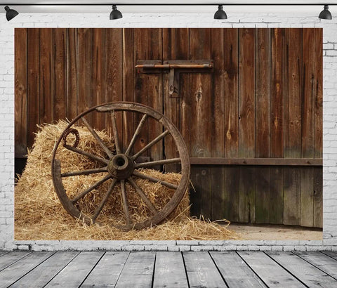 Cowboy Backdrop 7x5 Ft Vintage Western Barn Door Scene For Photoshoots And Parties, with hay and wagon wheel, seamless vinyl