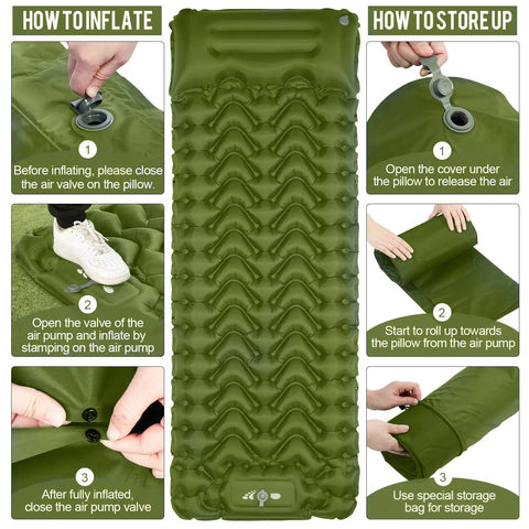 Green ultralight camping sleeping pad with built-in pump for backpacking, showing inflation and storage steps with body mapping design.
