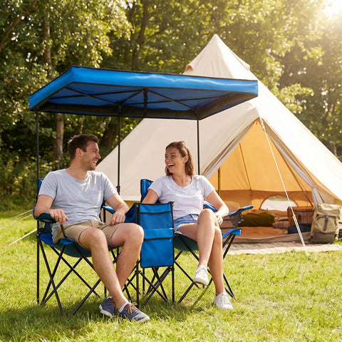 Double Beach Chair With Canopy Shade Built In Cooler Bag And Cup Holders Oversized Folding Loveseat For Outdoor Use