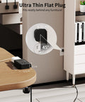 No Fuss 8 In 1 Desk Clamp Power Strip With 4 Outlets And 4 USB Ports, black, under desk mount showing ultra-thin flat plug fit