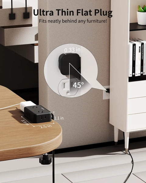 No Fuss 8 In 1 Desk Clamp Power Strip With 4 Outlets And 4 USB Ports, black, under desk mount showing ultra-thin flat plug fit