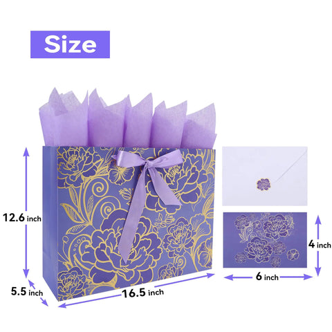 Extra Large 16.5 Inch Rose Purple Gift Bag Set With Greeting Card And Tissue Paper For Birthdays Mothers Day Weddings And Anniversaries