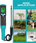 Pro Grade Soil EC Meter 2 In 1 Temperature Tester with corded sensor and backlit LCD, shown next to various agricultural applications.