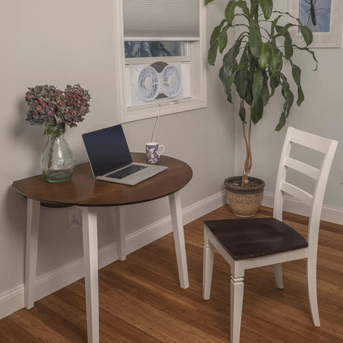 Window Fan For Bedroom 9 Inch Dual Fans With Auto Lock Expanders in room with table, laptop, and plant