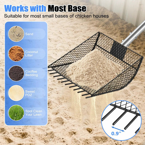 Waist Friendly No Bend 2 In 1 Chicken Poop Scooper And Rake With Adjustable Stainless Steel Handle From 24 To 68 Inches Heavy Duty Metal Litter Scoop in a chicken coop setting showcasing sand sifting.