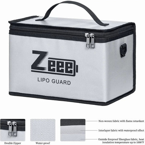 Heavy Duty LiPo Battery Safe Bag for Storage and Charging, Large Capacity Fireproof Pouch, side view with handle and zipper