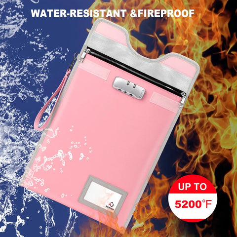 Lockable Fireproof Money Pouch Travel Organizer 15x11 Inches Pink with combo lock, water-resistant and heat safe up to 5200°F.