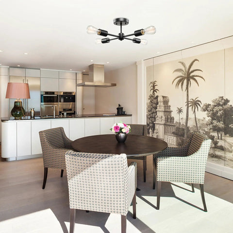 Vane Four Light Matte Black Flush Mount Ceiling Light With Open Socket Sputnik Style in modern dining room.