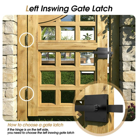 Tough As Nails Double Sided Gate Latch For Left Inswing Wooden Fences installed on a wooden gate with a stone backdrop.