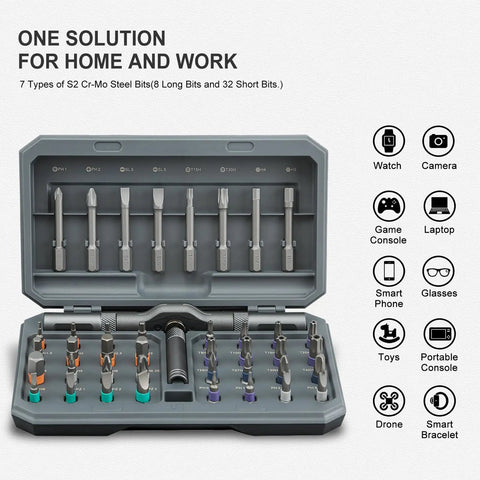 42 In 1 Magnetic Screwdriver Set With Storage Case, showing S2 Cr-Mo steel bits for watches, glasses, and electronics