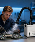 Powerful Solder Fume Extractor With Beast Mode Suction Captures Ninety Nine Point Nine Seven Percent Particles Using H Thirteen Hepa Three Stage System At Two Hundred Thirty Five Cubic Meters Per Hour Includes Seven Piece Filter Kit For Soldering And in use during electronics repair.
