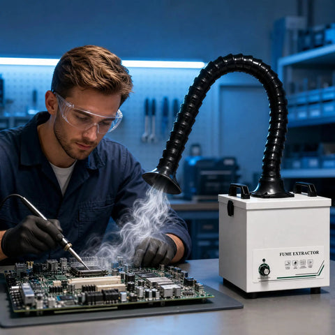 Powerful Solder Fume Extractor With Beast Mode Suction Captures Ninety Nine Point Nine Seven Percent Particles Using H Thirteen Hepa Three Stage System At Two Hundred Thirty Five Cubic Meters Per Hour Includes Seven Piece Filter Kit For Soldering And in use during electronics repair.
