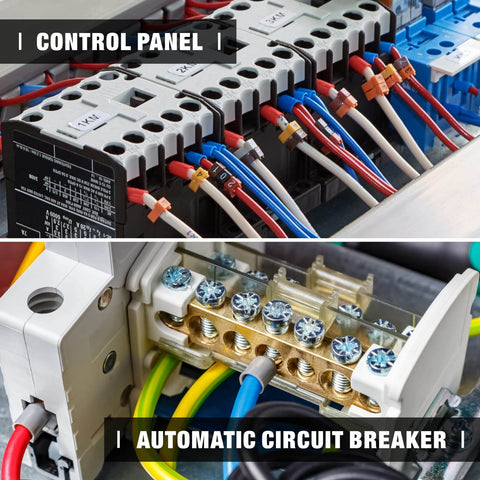 Control panel with wires and automatic circuit breaker, related to Ferrule Crimping Tool Kit With Self Adjusting Ratchet Crimp Plier And 770 Wire Ferrules AWG 23 10 0.25 6mm2 For Electricians Contractors And DIY Pros Pro Grade Onsite Quick Crimps And Reliable Performance.