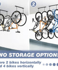 Ceiling Mounted Bike Rack For Garage With Space Saving Design, Holds 2 Bikes Horizontally Or 4 Vertically
