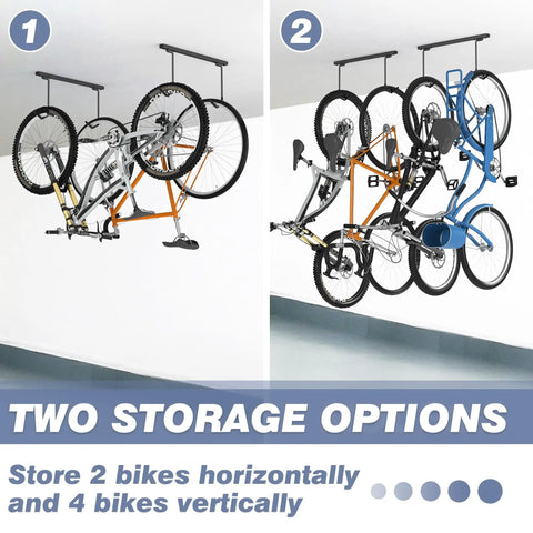 Ceiling Mounted Bike Rack For Garage With Space Saving Design, Holds 2 Bikes Horizontally Or 4 Vertically