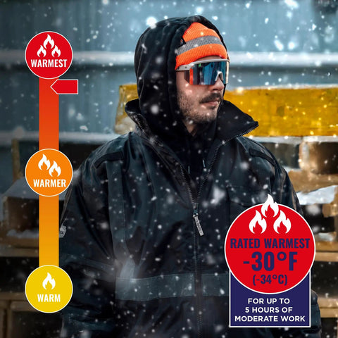 Enhanced Visibility Winter Jacket For Night And Low Light Conditions, Black, X Large, shown on person in snowy environment