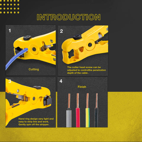 Image showing usage of Coax Cable Crimp Kit With Adjustable Compression Tool For RG6 RG59 RG11 F Connectors Includes Coax Stripper And 20 F Compression Connectors Ergonomic Anti Slip Handle Easy Thumb Screw Adjustment in stripping and cutting cables.