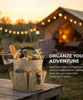17L Foldable Storage Bag Tote on table with fruits and wine, outdoor picnic setup at dusk, tent and chairs in background, Portable Khaki