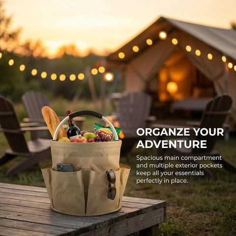 17L Foldable Storage Bag Tote on table with fruits and wine, outdoor picnic setup at dusk, tent and chairs in background, Portable Khaki