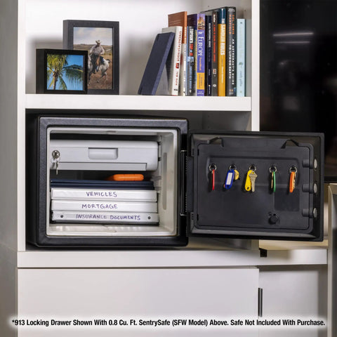 Locking Drawer Accessory With Multi Position Shelf For SFW082 And SFW123 Safes Keeps 0.8 And 1.2 Cu Ft Storage Organized Adds Privacy Includes Two Keys Heavy Duty Safe Interior Organizer, open safe with documents and keys visible