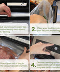 Steps for using Game Changer Vacuum Sealer For Home Food Storage With LiquidLock Tech And Liquid Mode, showing sealing process.