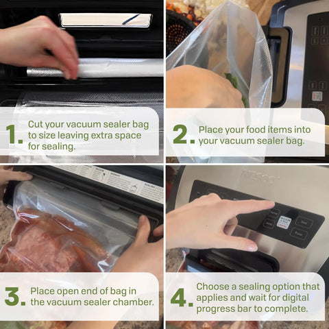 Steps for using Game Changer Vacuum Sealer For Home Food Storage With LiquidLock Tech And Liquid Mode, showing sealing process.