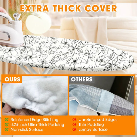 Heavy Duty Ironing Board Cover And Pad With Extra Thick 6mm Padding Scorch And Stain Resistant Adjustable Fasteners And Elastic Edges 15x54 Standard Size Floral White showing reinforced stitching and thick padding.