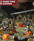 Warhammer miniatures on a tabletop with dice, showcasing the One Box Fits All Hobby Tool Kit With Glue And Six Essential Tools