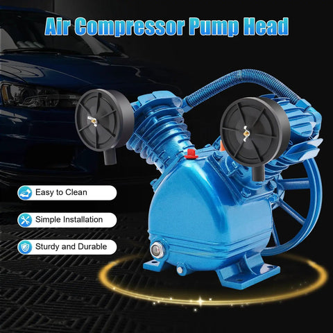 Heavy Duty 3HP Air Compressor Head Pump With Twin Cylinder Motor And Belt Drive. 115 PSI Discharge Pressure For Portable Tool Projects. Cast Iron Construction Ensures Durability And Smooth, Quiet Operation. Includes Two Air Filters And Silencers For Peak