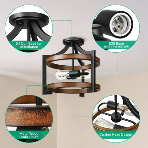 Semi Flush Mount Ceiling Light Fixture With Detachable Chain in Dope Farmhouse Metal Wood Grain Finish showing E26 bulb sockets