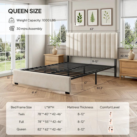Queen Velvet Upholstered Bed Frame With Tufted Headboard, Adjustable Three Tier Metal Platform Base, Sturdy Metal Slats, Straight Up Noise Free Assembly, Dope White Vibe For Your Main Bedroom dimensions displayed in a well-lit room.