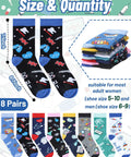 8 Pairs Medical Laboratory Socks For Women And Men laid out with science-themed designs in various colors, suitable for shoe sizes 5-10.