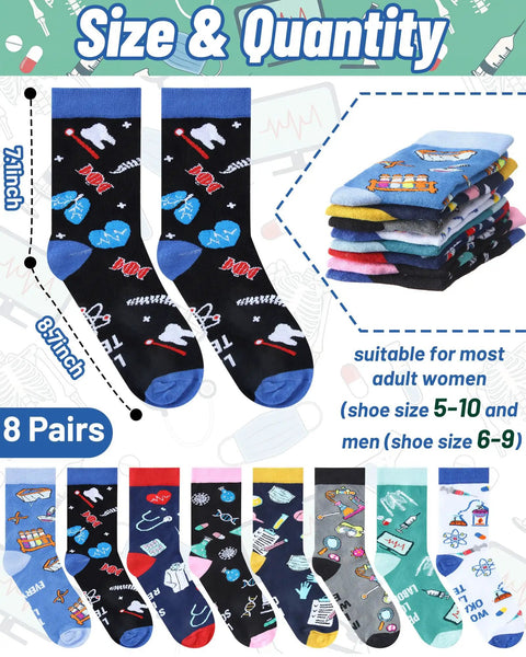 8 Pairs Medical Laboratory Socks For Women And Men laid out with science-themed designs in various colors, suitable for shoe sizes 5-10.