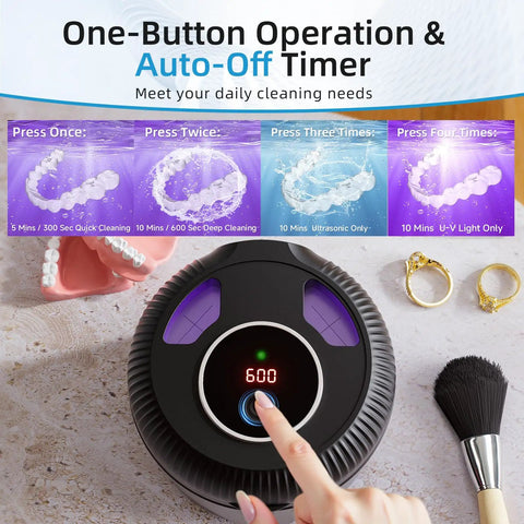 Premium Ultrasonic Retainer Cleaner Machine, 45KHz Dental Pod For Dentures, Jewelry, Aligners, Braces, And Brush Heads, 200Ml Tank With Four Quick Modes And Sleek Black Finish, No Sweat Maintenance, showing one-button operation and auto-off timer.