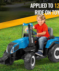 Child riding blue tractor with Power Wheel Battery Adapter For 18V Cordless Battery To Peg Perego Ride On Toy Conversion Kit.
