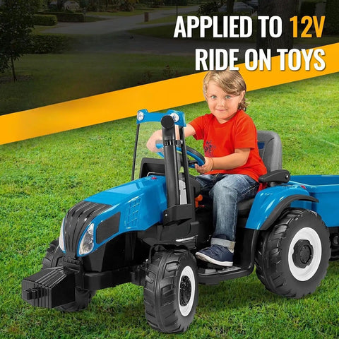 Child riding blue tractor with Power Wheel Battery Adapter For 18V Cordless Battery To Peg Perego Ride On Toy Conversion Kit.