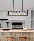 Rectangular Industrial Chandelier For Dining Room With Six E26 Lights, Black Metal Frame And Grille above modern kitchen island