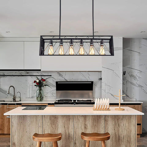 Rectangular Industrial Chandelier For Dining Room With Six E26 Lights, Black Metal Frame And Grille above modern kitchen island