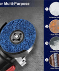 Ultimate 3 Pcs 100 115 125mm Poly Strip Abrasive Disc Wheels Kit for Angle Grinder showing a blue disc for rust and adhesive removal.