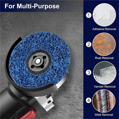 Ultimate 3 Pcs 100 115 125mm Poly Strip Abrasive Disc Wheels Kit for Angle Grinder showing a blue disc for rust and adhesive removal.