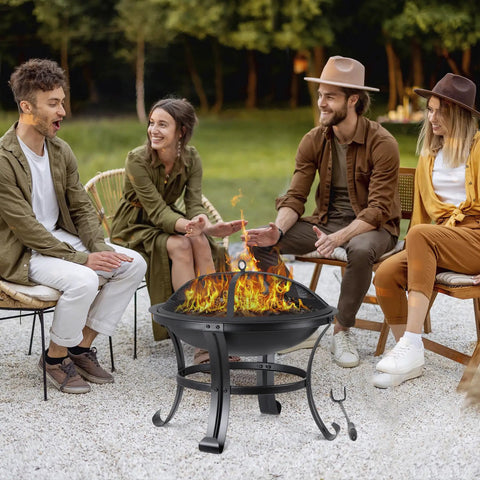 Group enjoying 22 Inch Portable Fire Pit For Outdoor Wood Burning Steel Construction with grill and poker, perfect for gatherings.