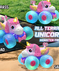 Unicorn Themed RC Car For Girls With 360 Degree Rotating Stunt Action, 4x4 All Terrain Monster Truck With LED Lights on grass