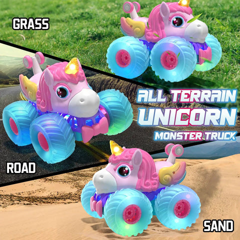 Unicorn Themed RC Car For Girls With 360 Degree Rotating Stunt Action, 4x4 All Terrain Monster Truck With LED Lights on grass