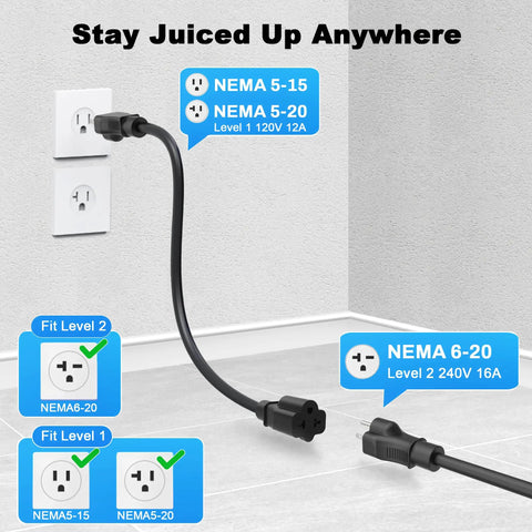 Portable J1772 EV Charger Level 1 And 2 With 25Ft Cable For Outdoor Use 16A Travel Ready Electric Vehicle Charger With Nema 6 20 Plug And Nema 5 15 Adapter Home 110V To 240V Charging Station plugged into wall outlet
