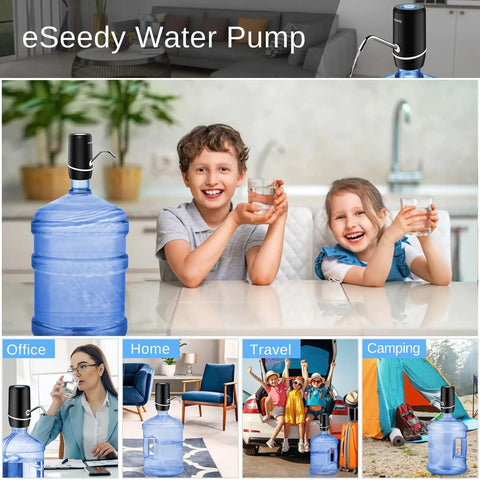 USB Charging Automatic Water Dispenser For 5 Gallon Bottle With Rechargeable Battery, shown in use at home, office, camping.