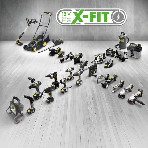 18V Cordless Hammer Drill In Black, Beast Mode Action With Badass Durability, showing diverse tools on a wooden floor.